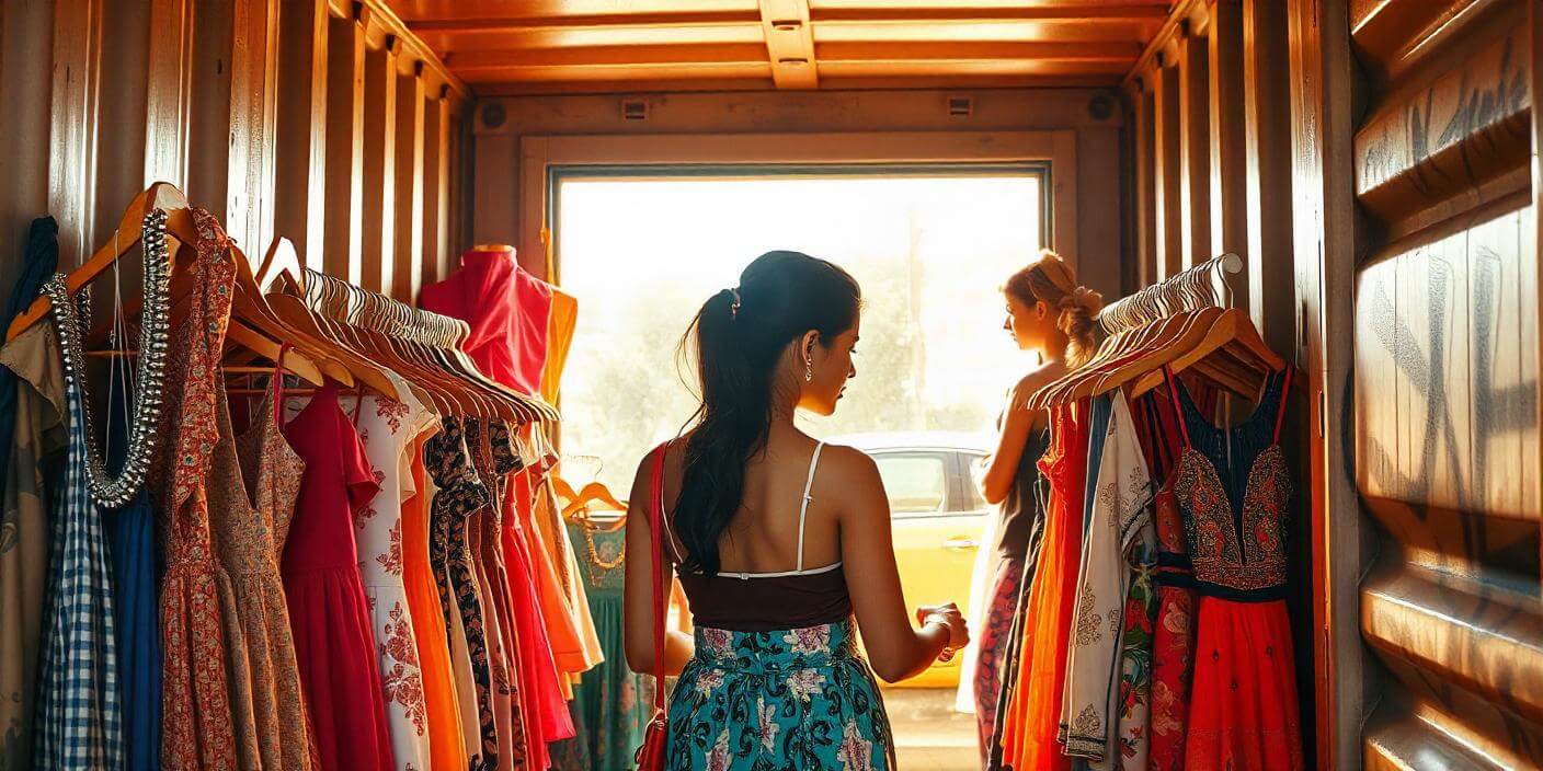 Loja de roupas femininas em um container